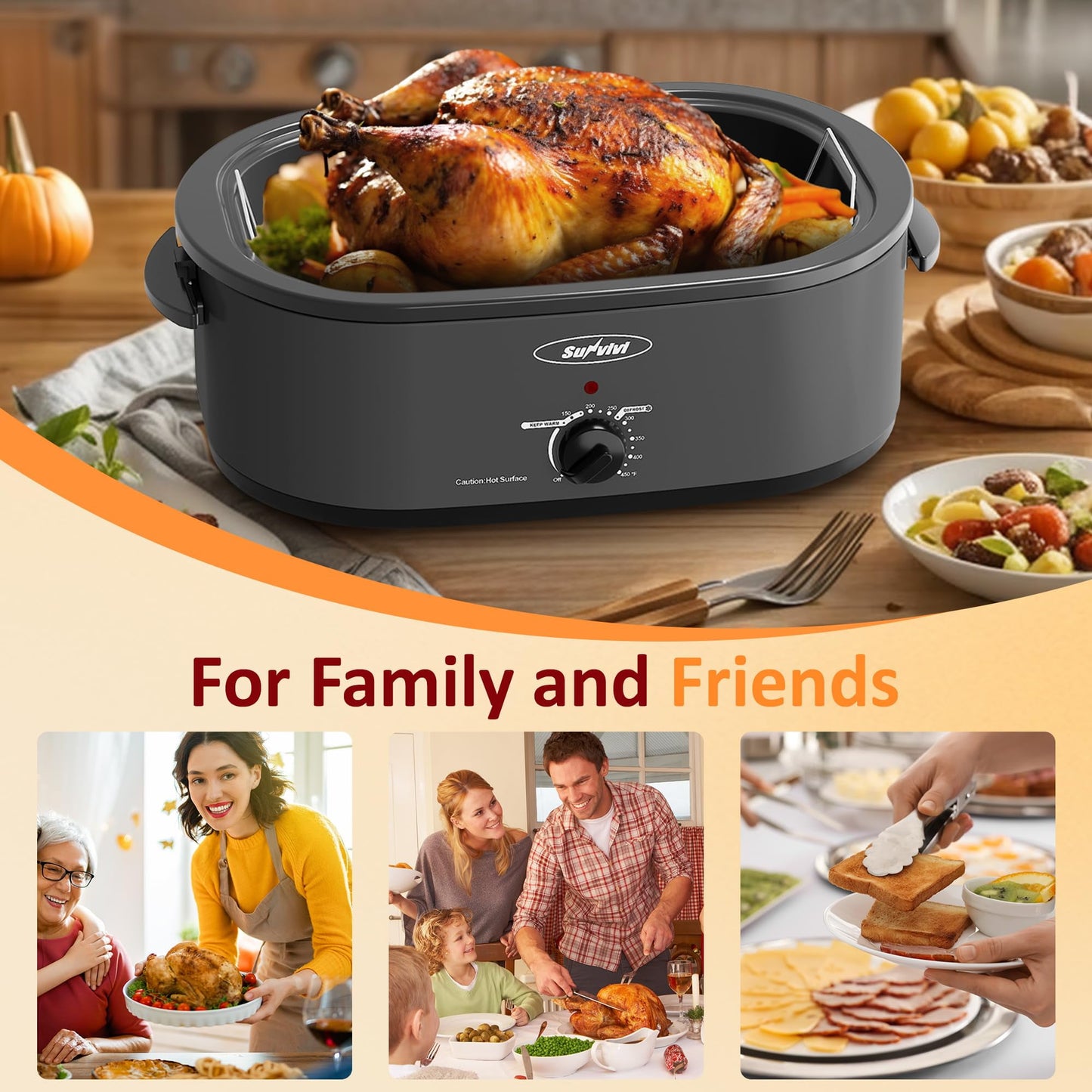 Sunvivi Electric Roaster Oven 20 Qt with Self-Basting Lid, 150-450°F Temp Control, Gray