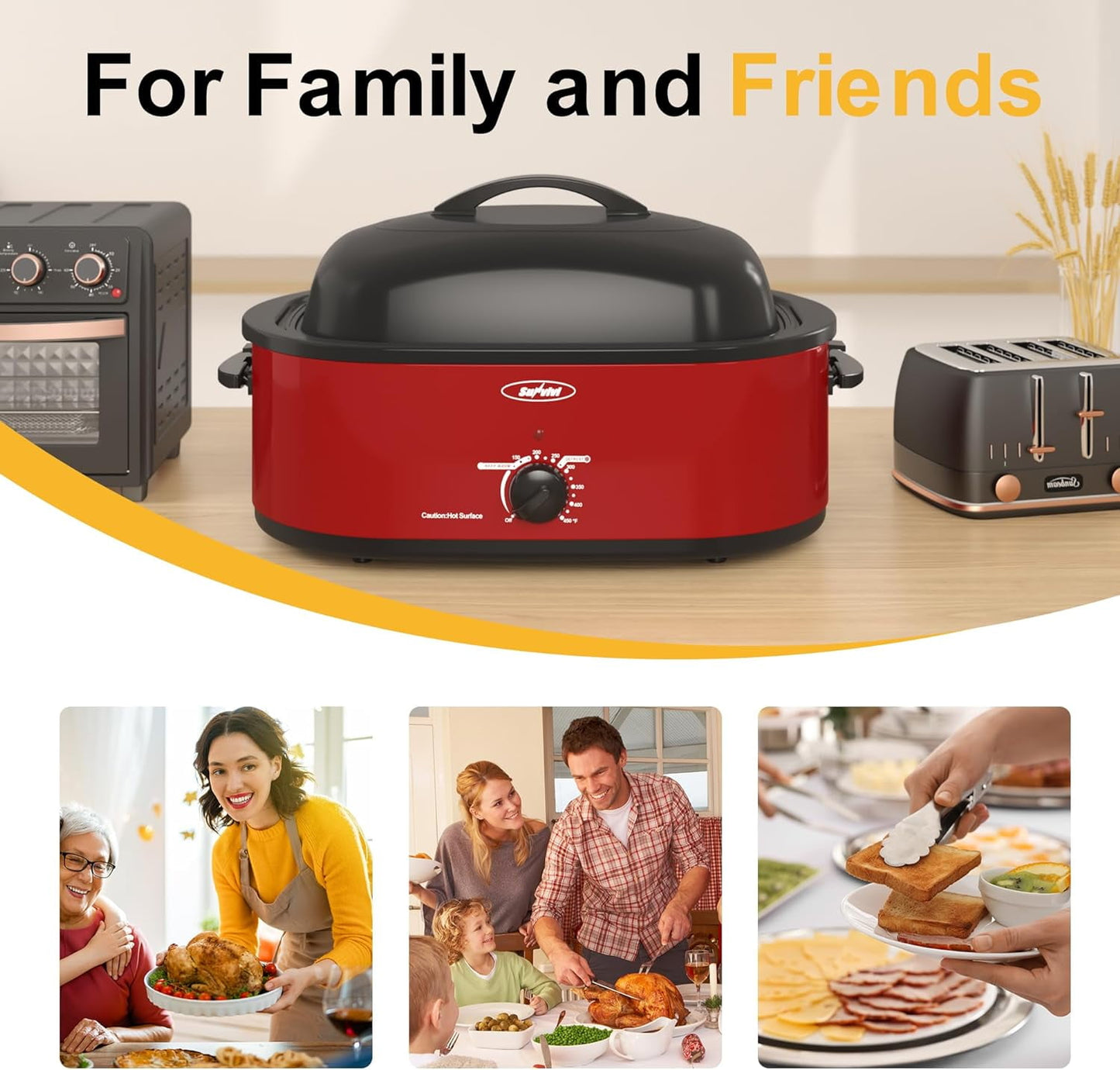 Superjoe 22 QT Electric Roaster Oven, with Self-Basting Lid, Stainless Steel Roaster Pan, Red