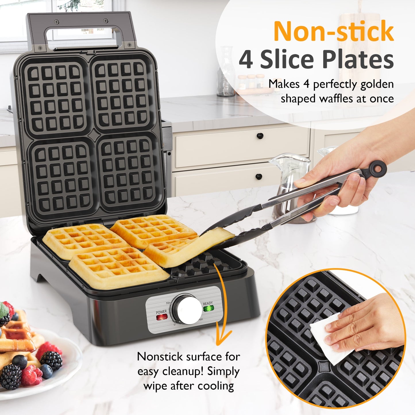Heynemo Electric Waffle Maker 4 Slices, Stainless Steel Waffle Iron with Adjustable Heat, Nonstick Coating & Cool Touch Handle-1