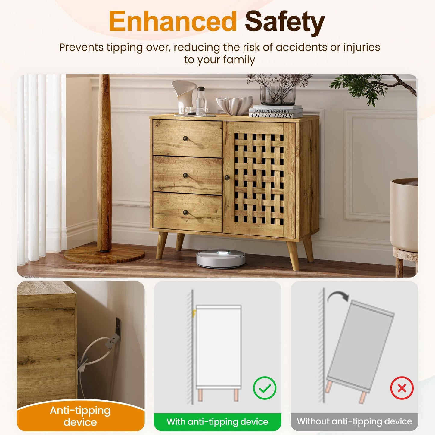 RoyalCraft Accent Cabinet with Doors, Entryway Cabinet with Oak Legs, Wooden Decorative Sideboard with Adjustable Shelf & Doors for Living Room (Natural With Door & 3 Drawers, 2)