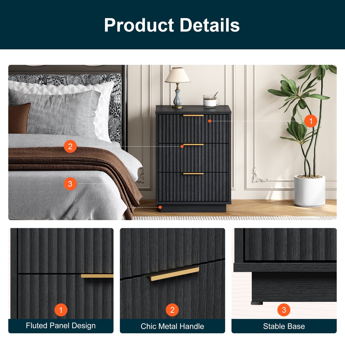 Heynemo Low 3-Drawer Dresser Set of 2, Modern Storage Cabinet with Wavy Drawers for Bedroom, Hallway, or Living Room, Black