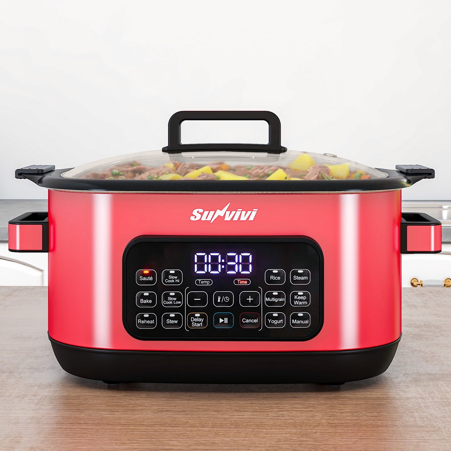 Heynemo 6.5QT Digital Multi Cooker, 12-in-1 Slow Cooker & Roaster with Timer, Temp Control, Delay Start, Nonstick Pot, Red