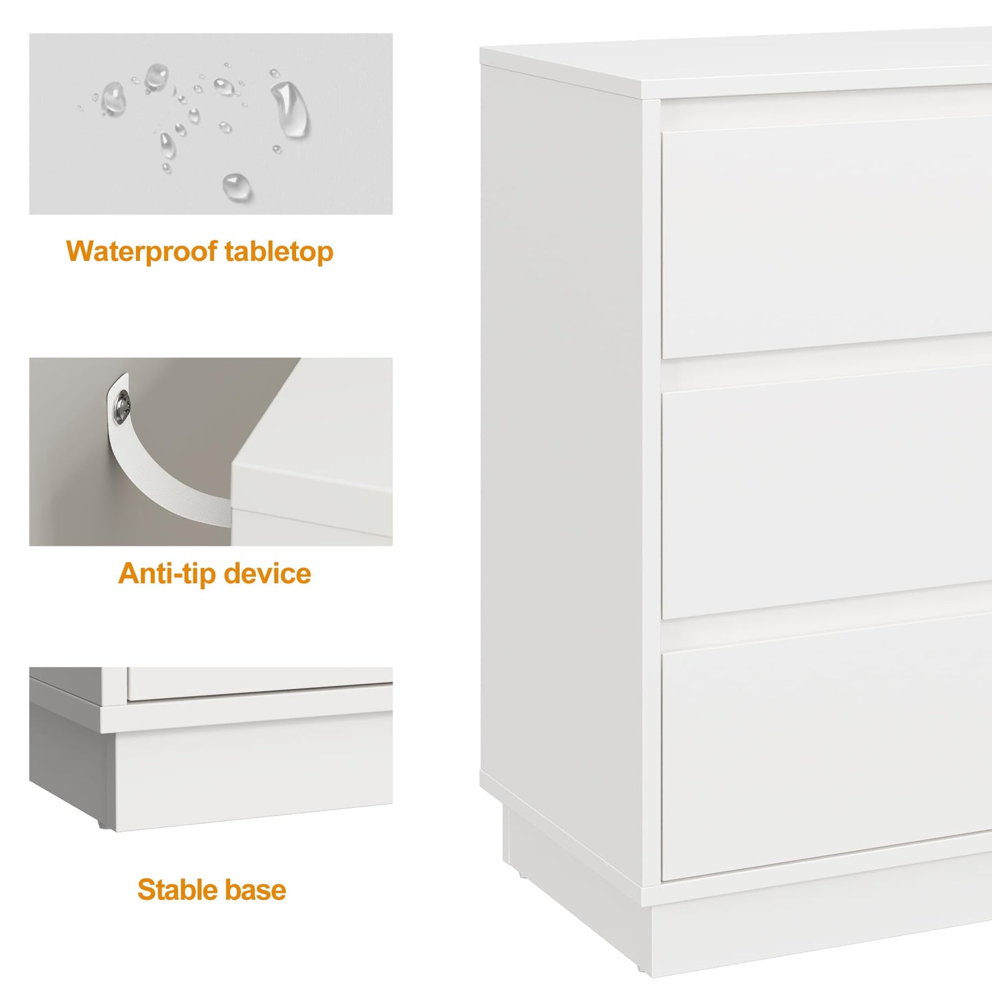 May in Color White Nightstand Set of 3, Bedroom End Table with 3 Drawers, Bedside Table