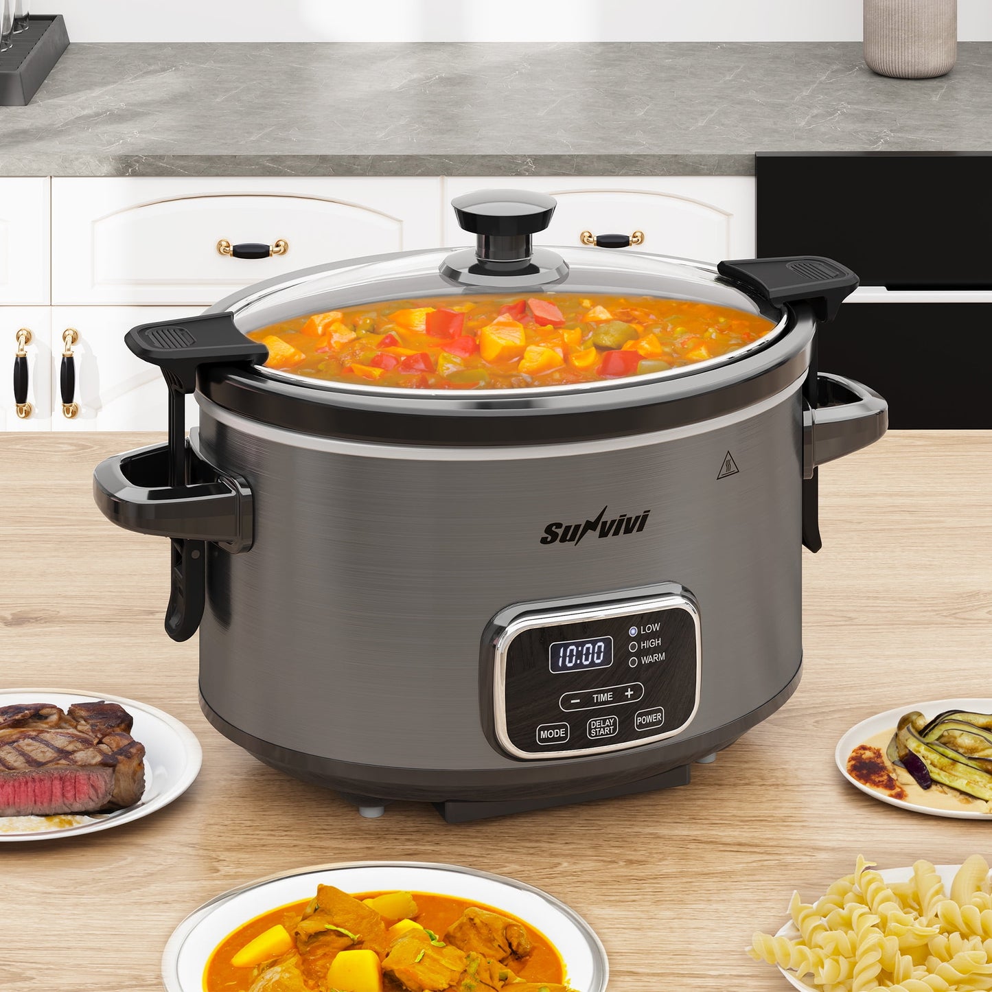 Heynemo Programmable 4 Quart Slow Cooker with Timer, Stainless Steel Pot with Locking Lid, 3 Temperature Modes & Ceramic Bowl, Silver