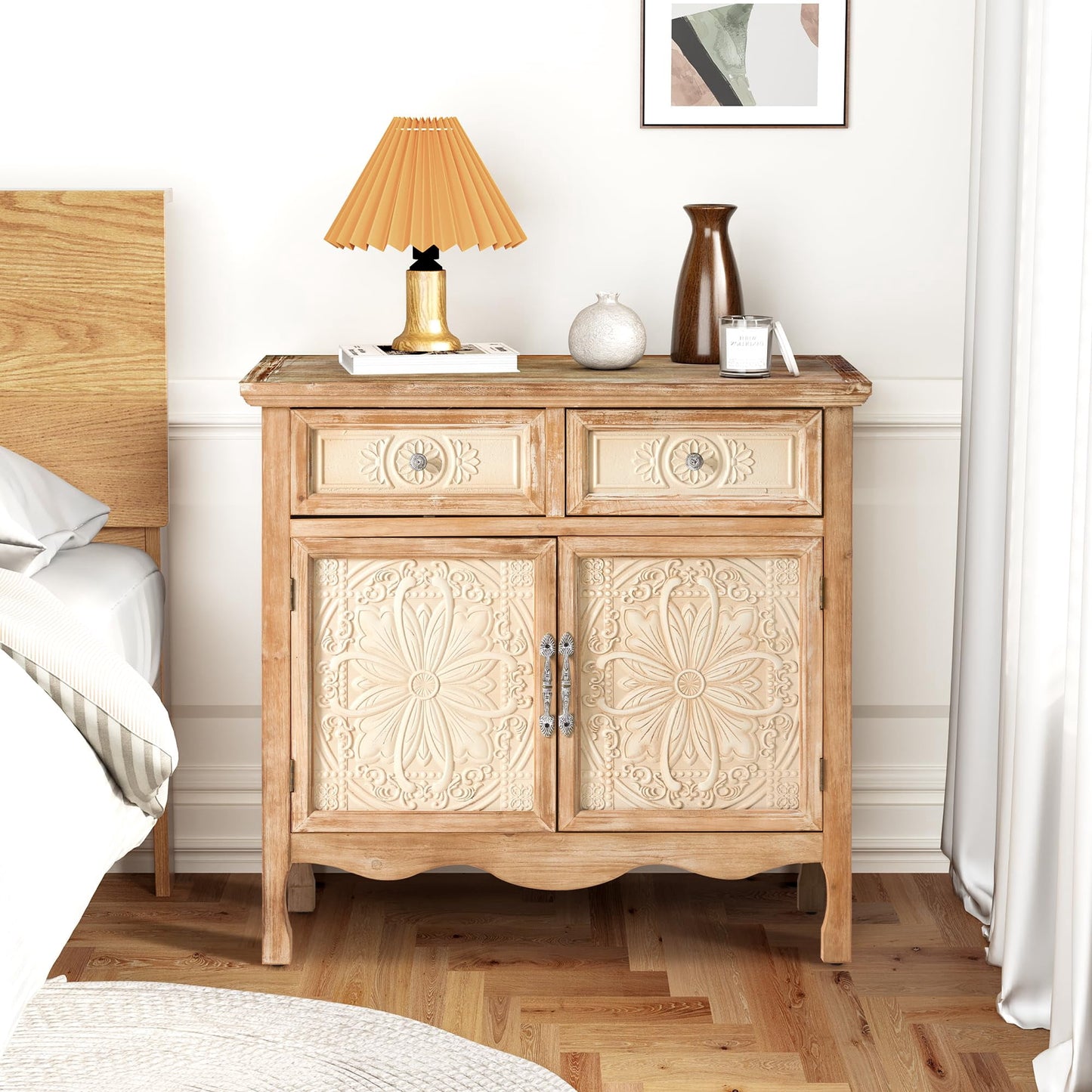 May in Color Sideboard Buffet Cabinet Set of 2, Farmhouse Solid Wood Frame with 2 Drawers and Doors, for Living Room Bedroom Kitchen Entryway, Natural