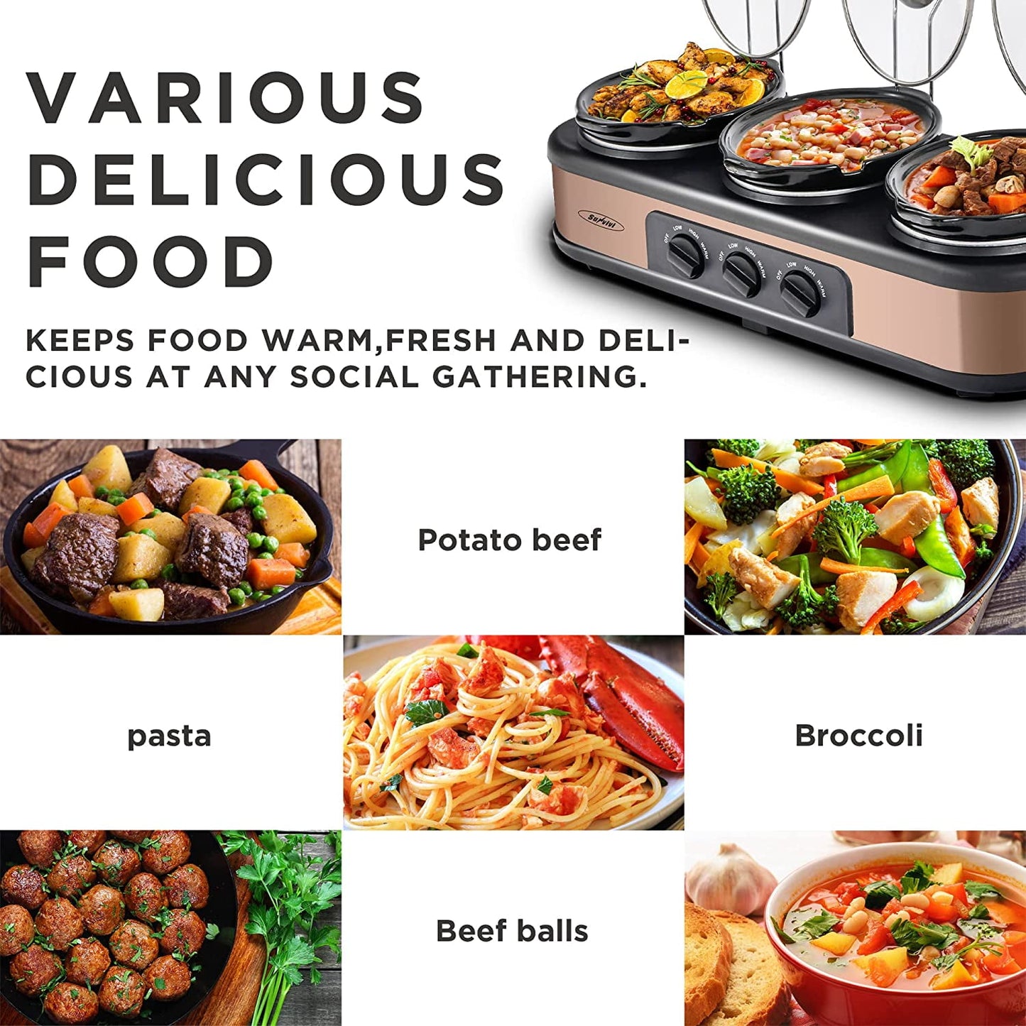 Sunvivi 1.5 Quart Triple Slow Cooker Buffet Server with 3 Ceramic Pots and Glass Lids, 4.5 Qt