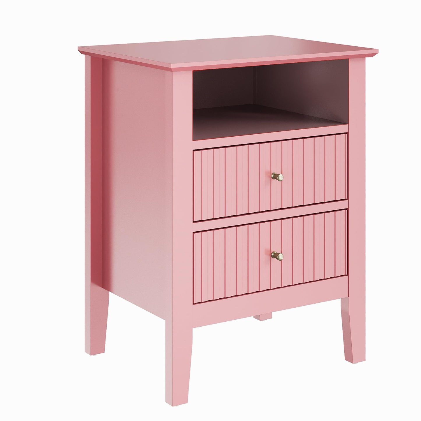 May in Color Pink Fluted Nightstand with 2 Drawers Set of 2, Modern Wooden Sofa Table with Storage for Small Spaces, Tall End Table for Bedroom,Living Room, Couch Coffee Table