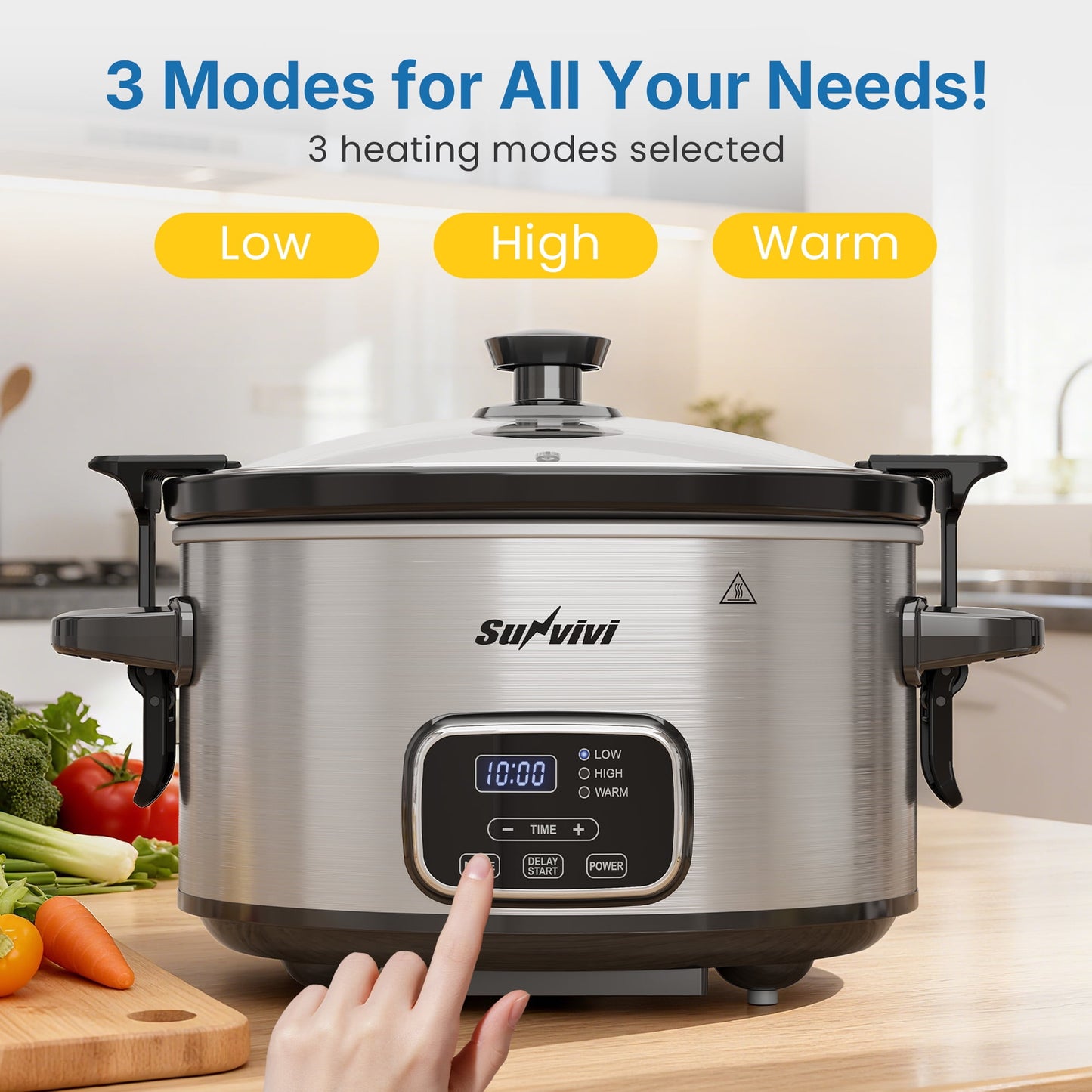 Sunvivi 4QT Programmable Slow Cooker with Locking Lid, Removable Ceramic Pot, 3 Heating Settings & Timer, Stainless Steel, Silver