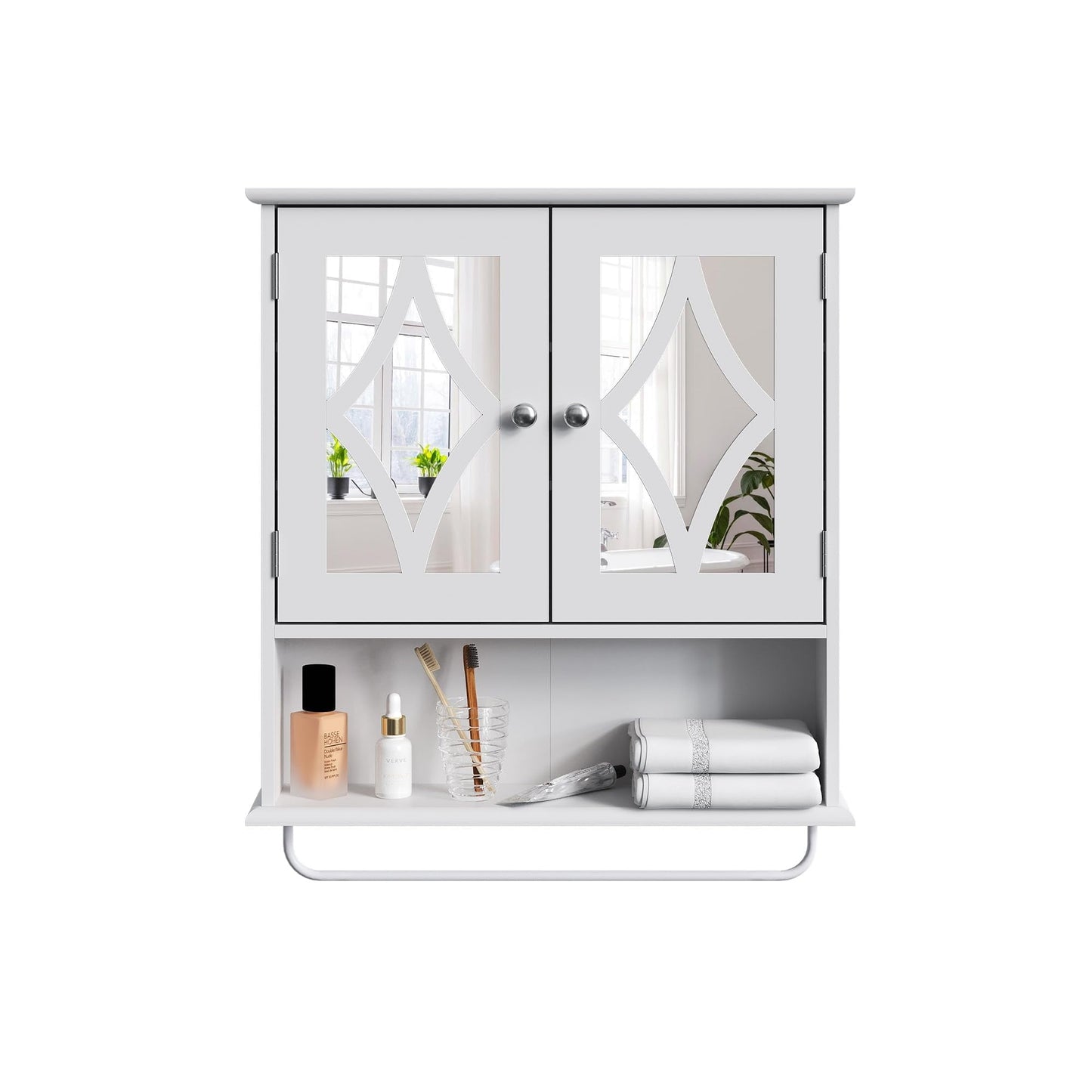 RoyalCraft Bathroom Medicine Cabinet with Mirror, Vanity Wall Mounted Storage Cabinet with Adjustable Shelves and Towel Bar, Hanging Wall Cabinet for Bathroom, Laundry, Living Room, White