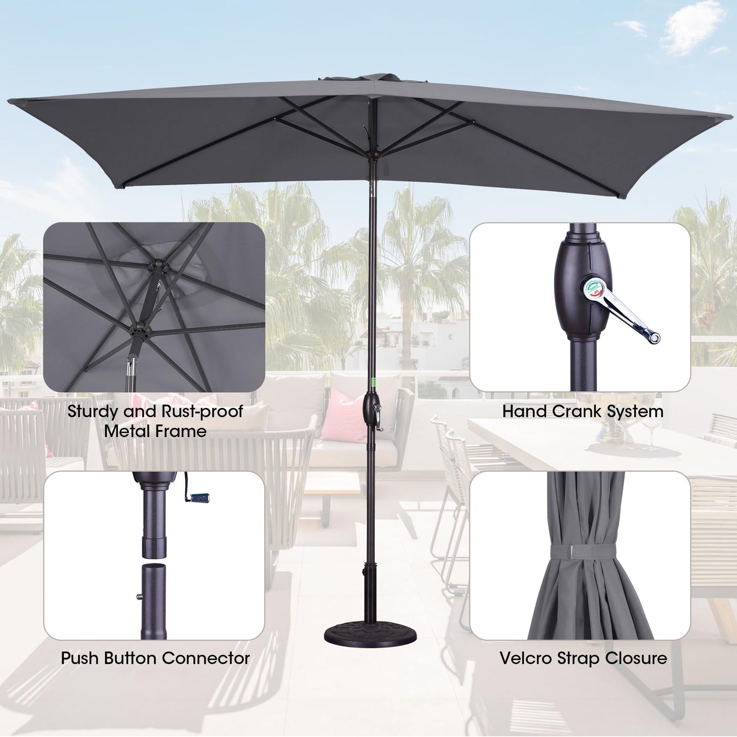 Heynemo 10x 6.5ft Rectangular Patio Umbrella, Outdoor Table Market Umbrella with Crank, 6 Steel Ribs, Polyester Canopy, Aluminum Pole,Red