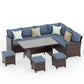 Heynemo Outdoor Patio Furniture Set, 7 Piece Outdoor Dining Sectional Sofa with Dining Table and Chair, All Weather Wicker Conversation Set with Ottoman, Blue