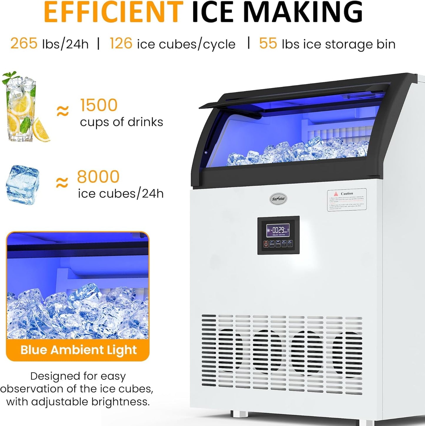 Heynemo Commercial Ice Maker Machine, 265LBS/24H, 55LBS Storage Bin, Stainless Steel Under Counter Ice Machine for Restaurants, Bars, and Home Use, Includes Water Filter, Scoop, and Hose