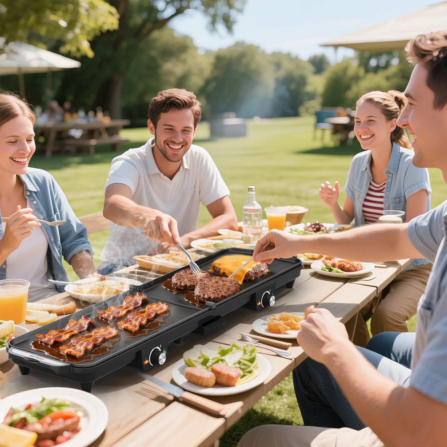 Heynemo 1600W Electric Griddle with Dual Cooking Zones-2