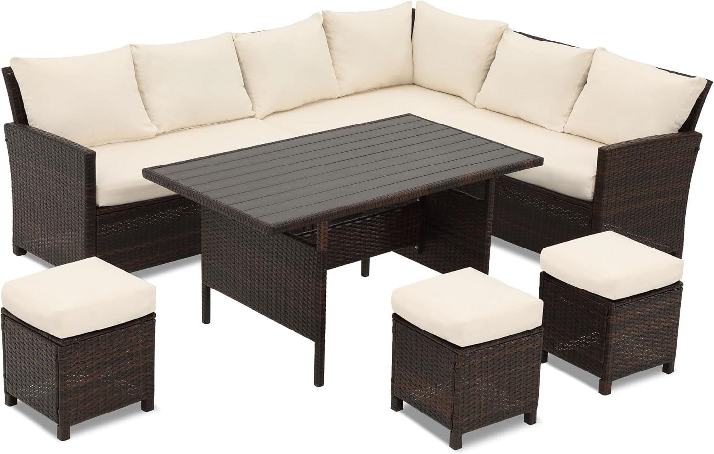 Superjoe High Curved Back 7-Piece Wicker Dining Sectional Sofa with Dining Table and Chair, Ivory