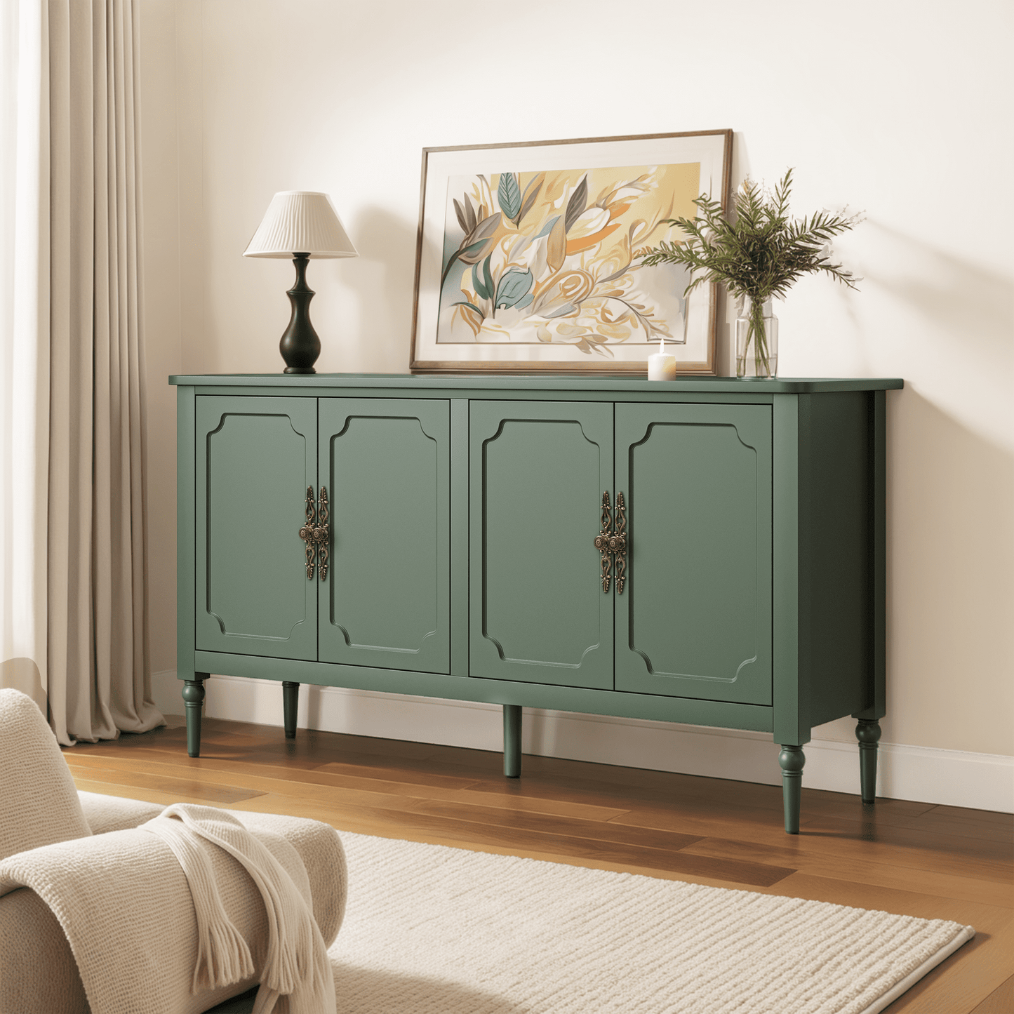 Superjoe Console Cabinet, 58'' Mid Century Modern Pantry Cabinet, Wood Buffet Cabinet, Media Cabinet with 4 Doors, Accent Cabinet for Entryway, Living Room, Bedroom, Dining Room (Green)