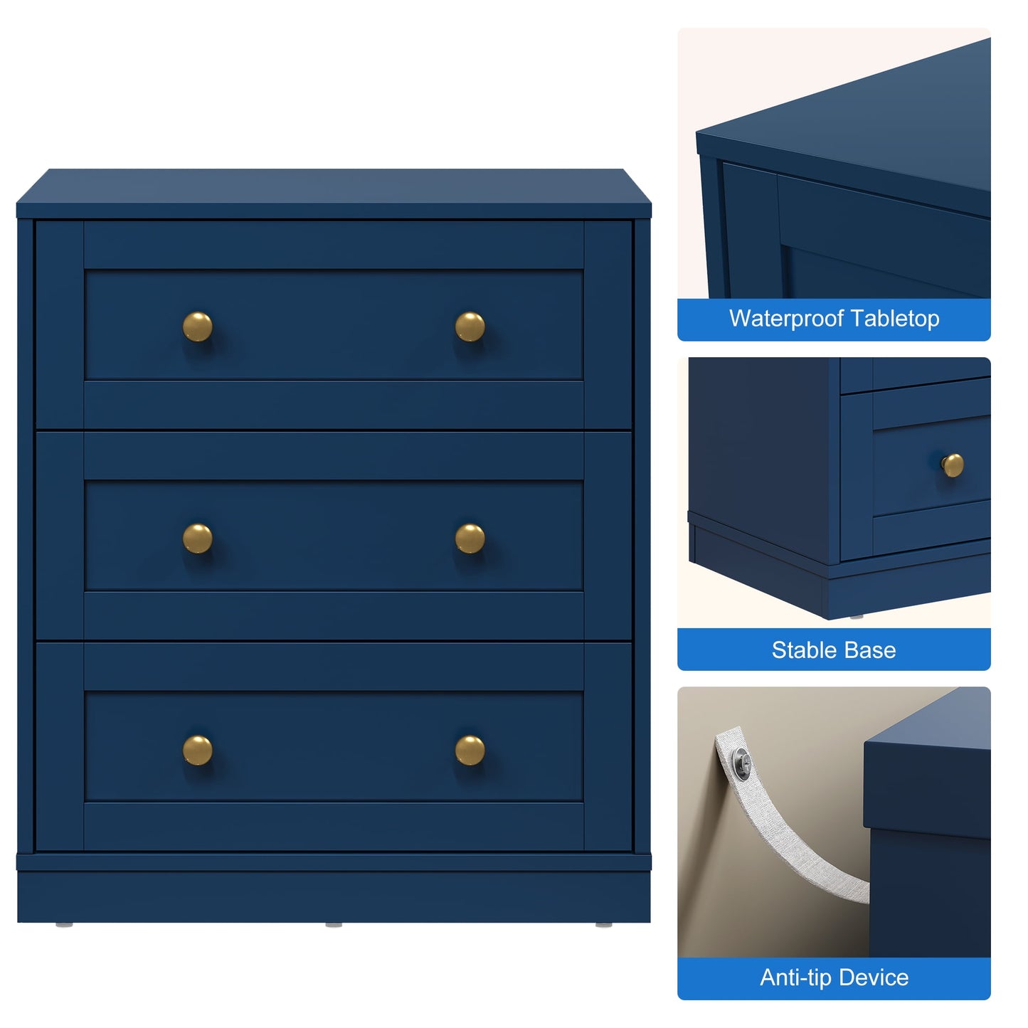 May in Color Blue Nightstands Set of 2, Modern 3-Drawer Bedside Tables with Gold Knobs, Wooden End Tables for Bedroom, Living Room, Hallway, or Closet