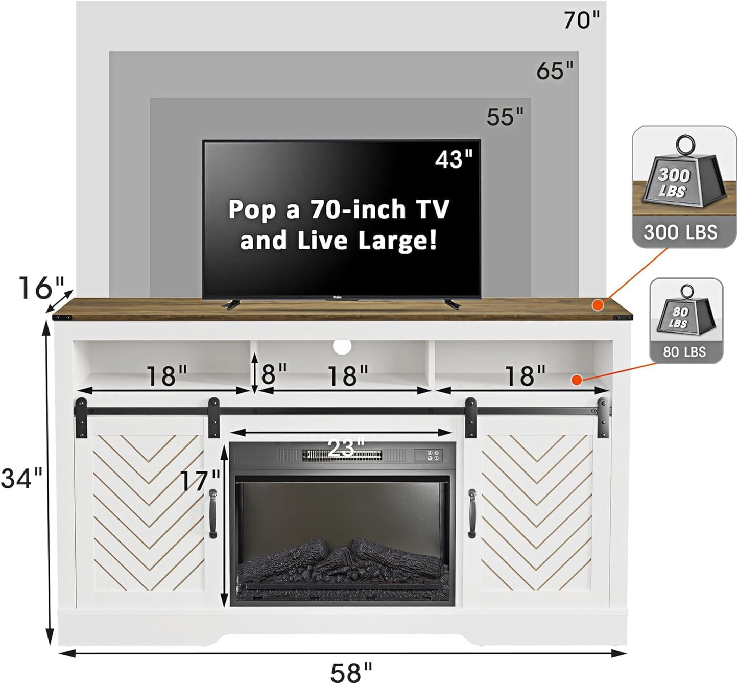 Mayincolor Farmhouse TV Stand for 65+ Inch TV, Tall Entertainment Center, Rustic TV Console with Sliding Bar Door for Living Room (Wood-Tone and White)