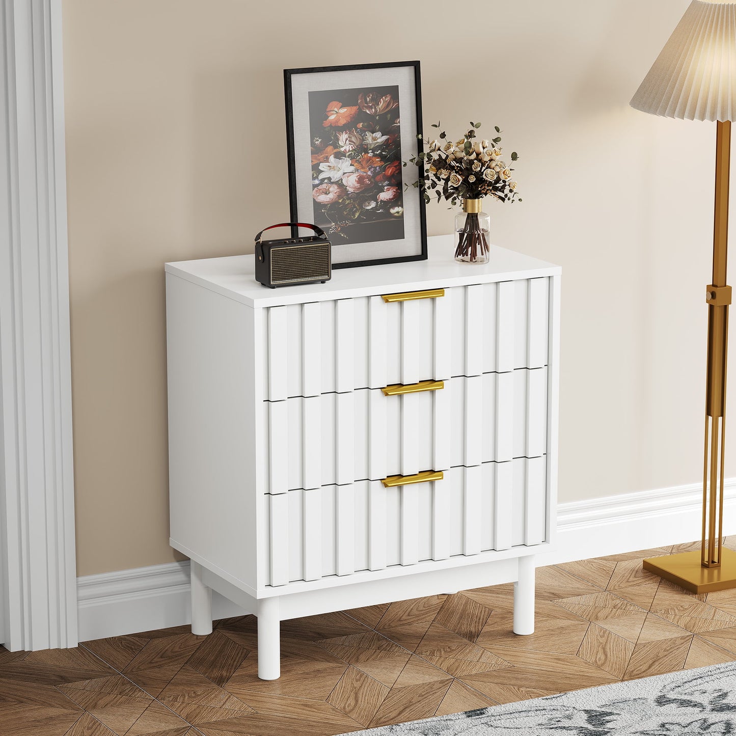 May in Color Fluted 3 Drawer Dresser Set of 2, Wood Closet Organizer for Bedroom, Living Room, Entryway, White