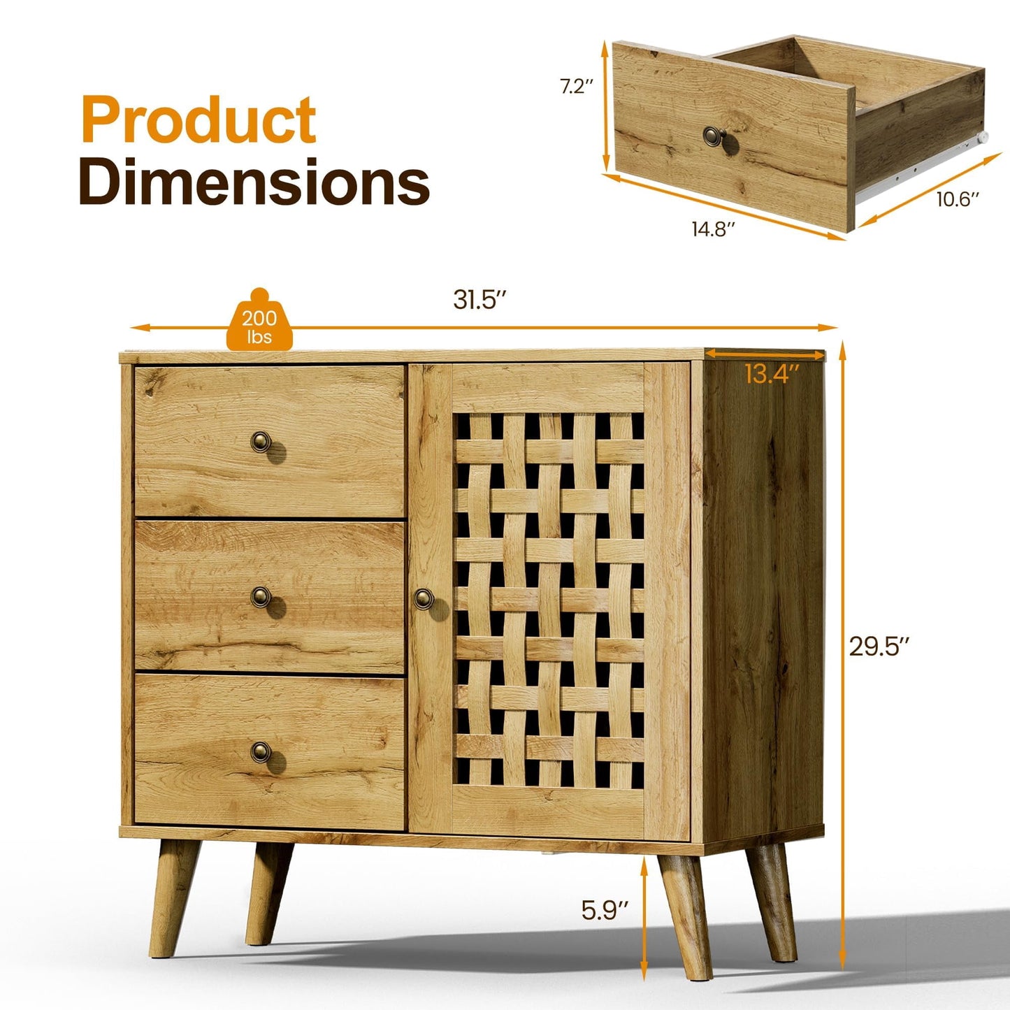 RoyalCraft Accent Cabinet with Doors, Entryway Cabinet with Oak Legs, Wooden Decorative Sideboard with Adjustable Shelf & Doors for Living Room (Natural With Door & 3 Drawers, 2)