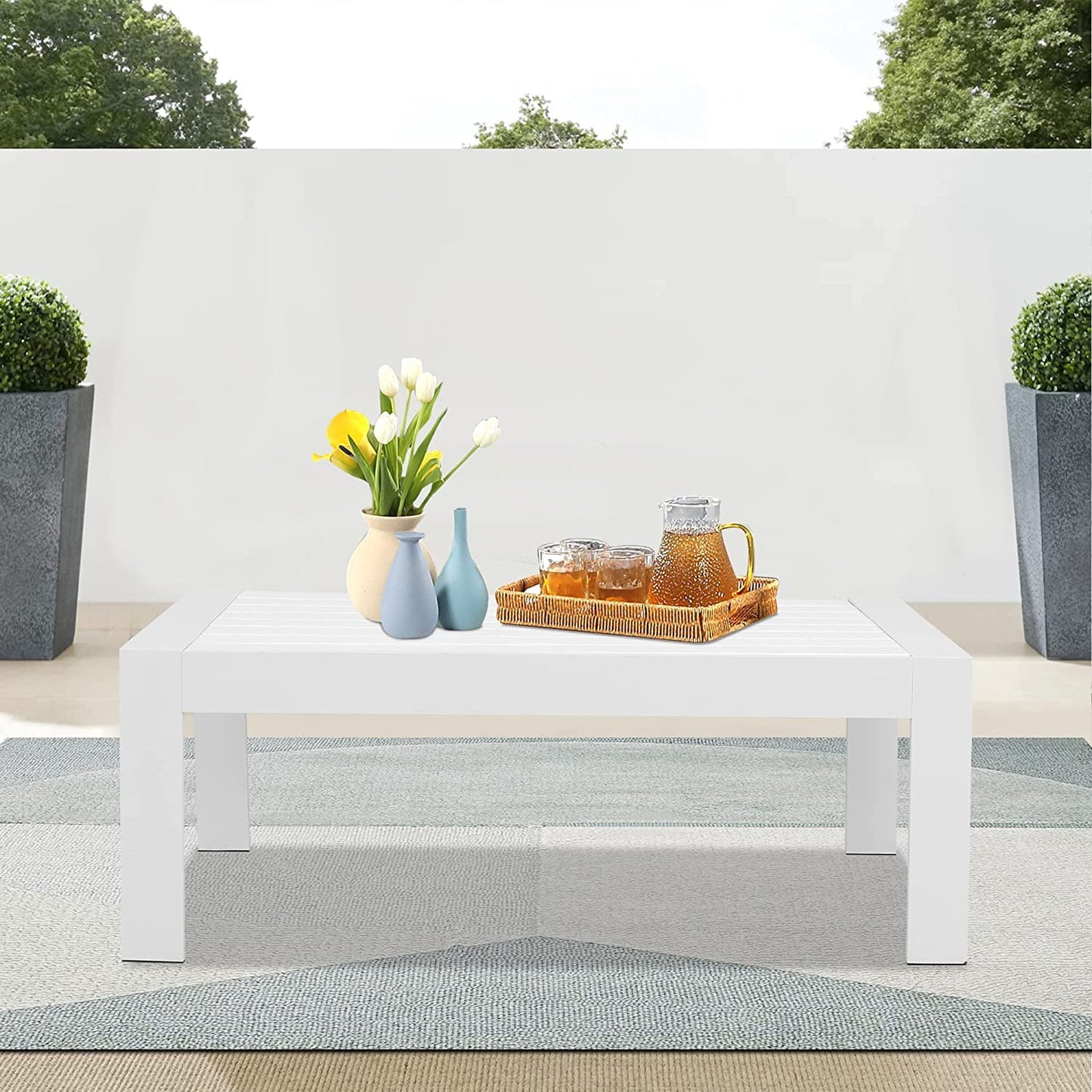 Superjoe Outside Patio Aluminum Coffee Table, Outdoor End Table with Aluminum Frame, Modern All-Weather Metal Rectangle Table Garden Furniture, White