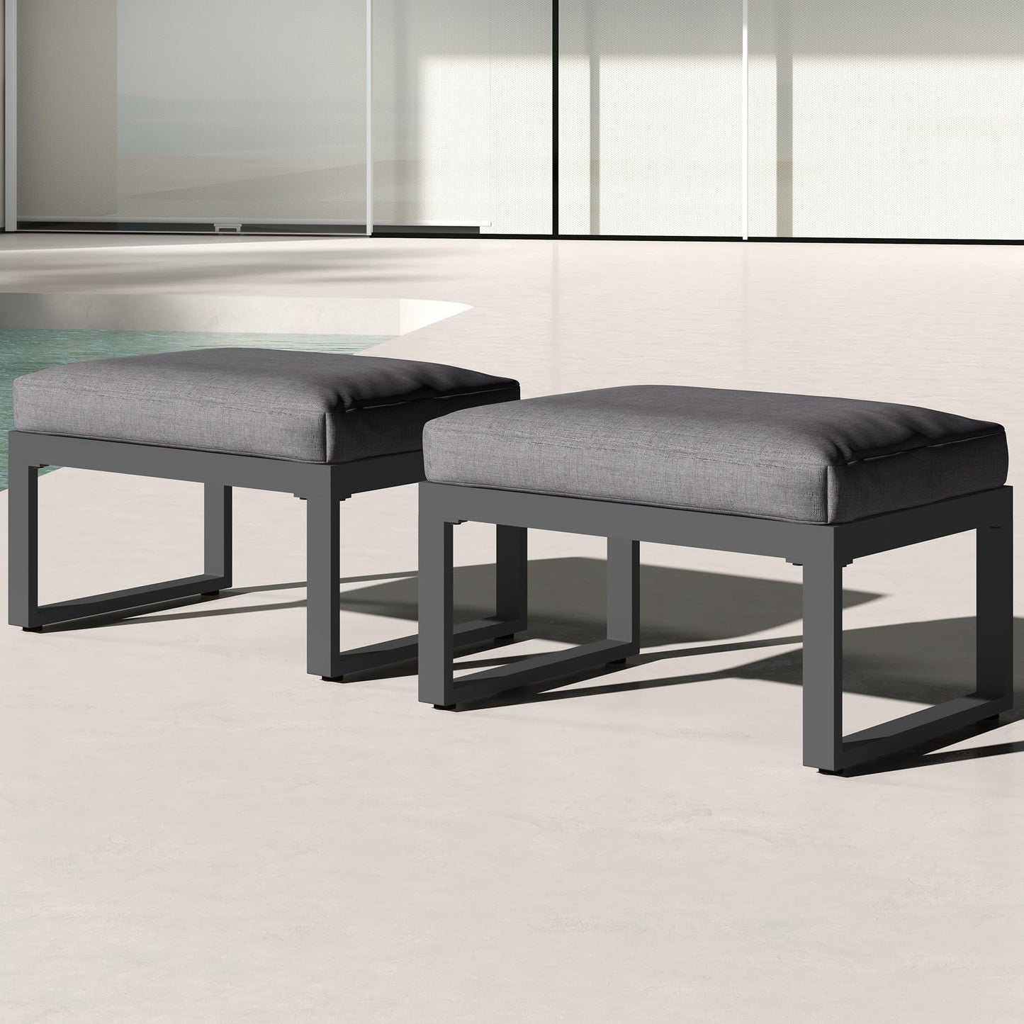 Heynemo 2 Pieces Aluminum Outdoor Patio Ottoman Set, Outdoor Foot Stools with Thick Cushion, Small Seat Furniture for Porch Balcony Backyard, Grey