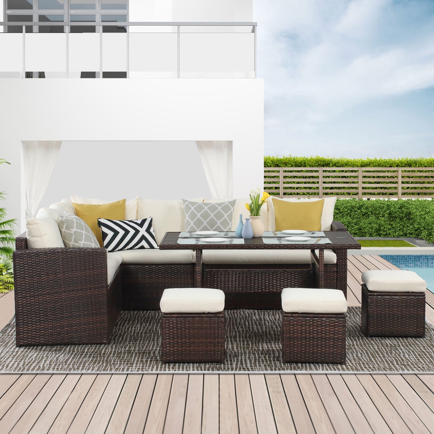 Superjoe 7 Pcs Outdoor Conversation Set All Weather Wicker Sectional Sofa Set Dining Table Chair and Ottoman,Steel Frame,Ivory
