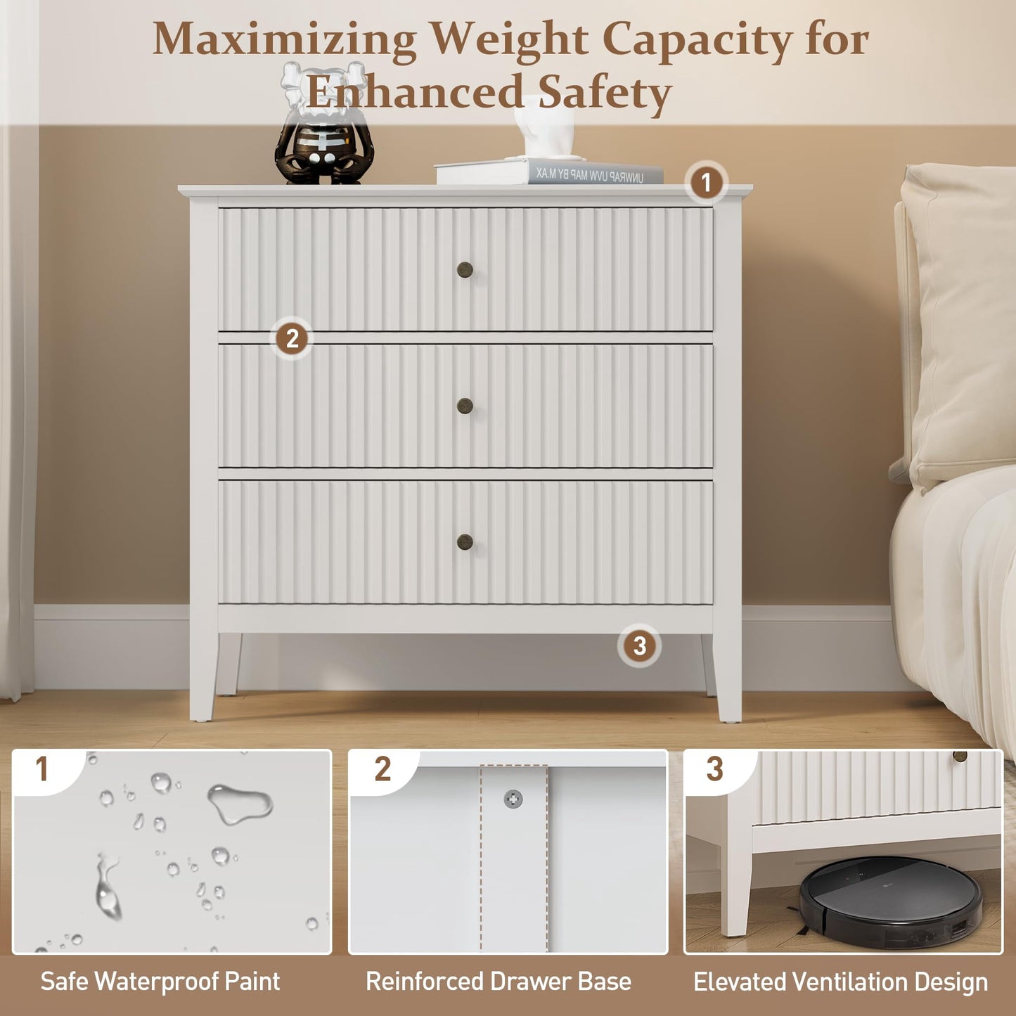 May in Color Large Fluted 3-Drawer Dresser, Wide Chest of Drawers, Modern Wood Dresser with Spacious Storage, White