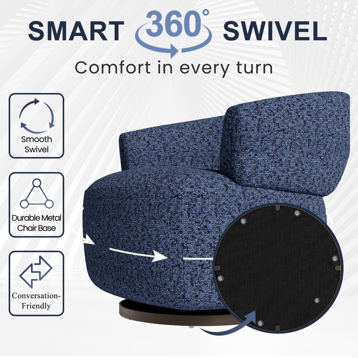 RoyalCraft Swivel Accent Chair, Fully Assembled Round Barrel Chairs, Oversized Upholstered Armchair with 360-Degree Base, Modern Club Chair for Living Room, Bedroom, Office, Blue