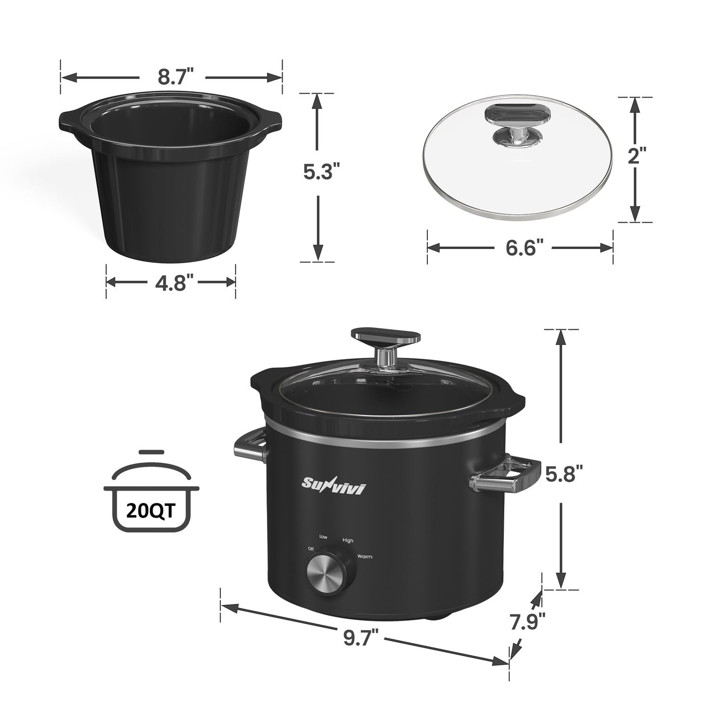 2QT Small Slow Cooker with Removable Ceramic Pot, 3 Heating Settings, Dishwasher-Safe Glass Lid, Black