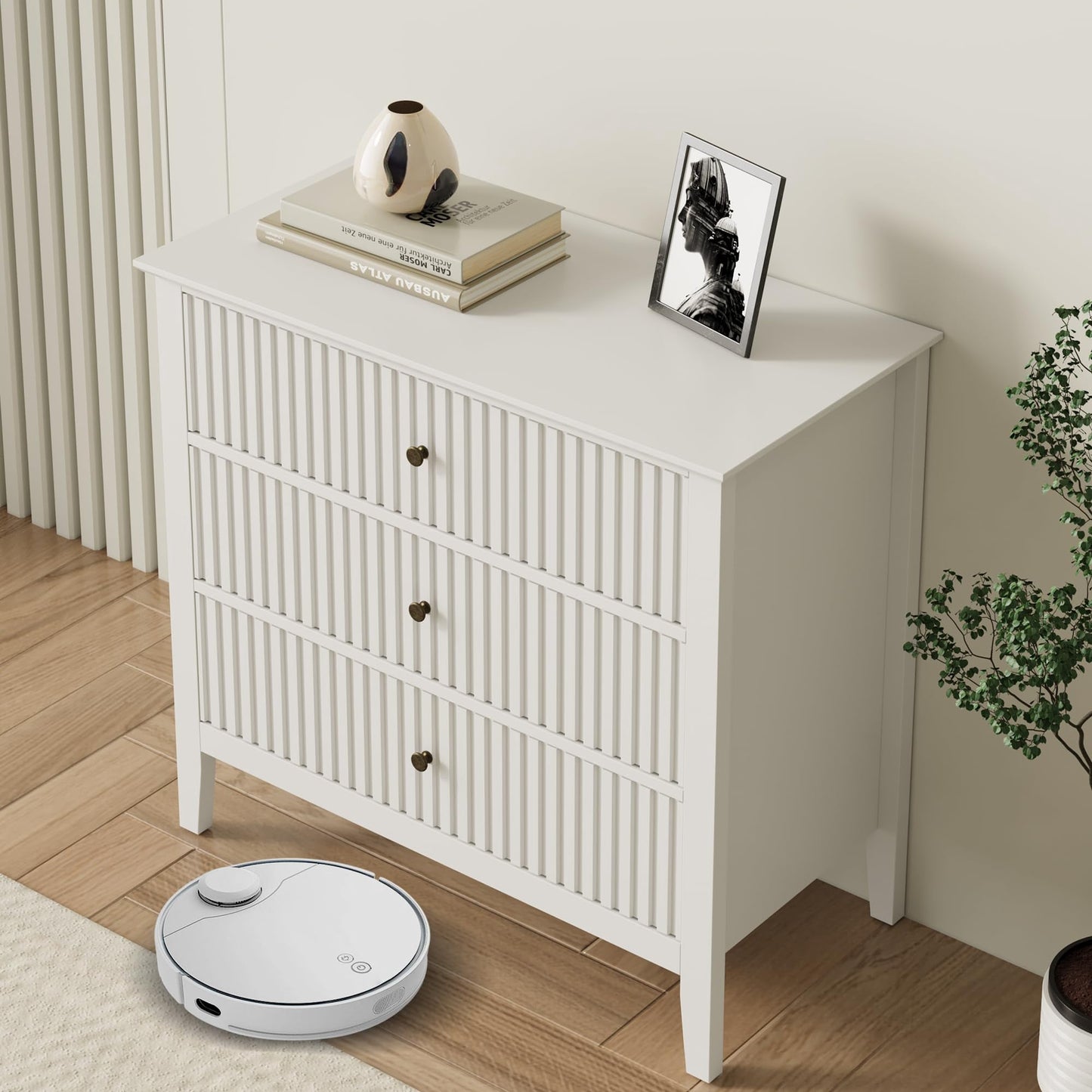 May in Color Large Fluted 3-Drawer Dresser, Wide Chest of Drawers, Modern Wood Dresser with Spacious Storage, White