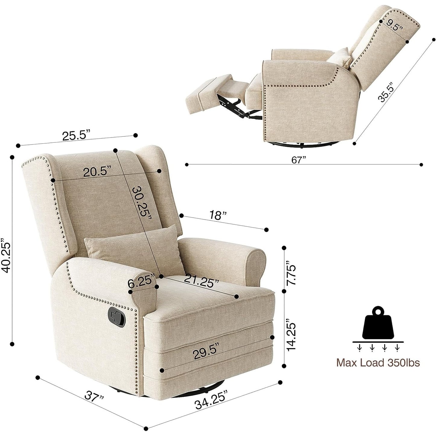 Heynemo Superjoe Swivel Nursery Glider Recliner Comfy Upholstered Glider Chair Swivel Rocking Chair for Living Room, Beige