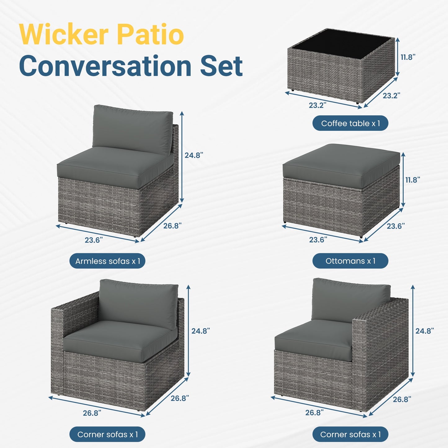 Royalcraft Outdoor Patio Set,5 Pcs PE Wicker Rattan Outdoor Furniture Set, Tempered Glass Coffee Table, Grey