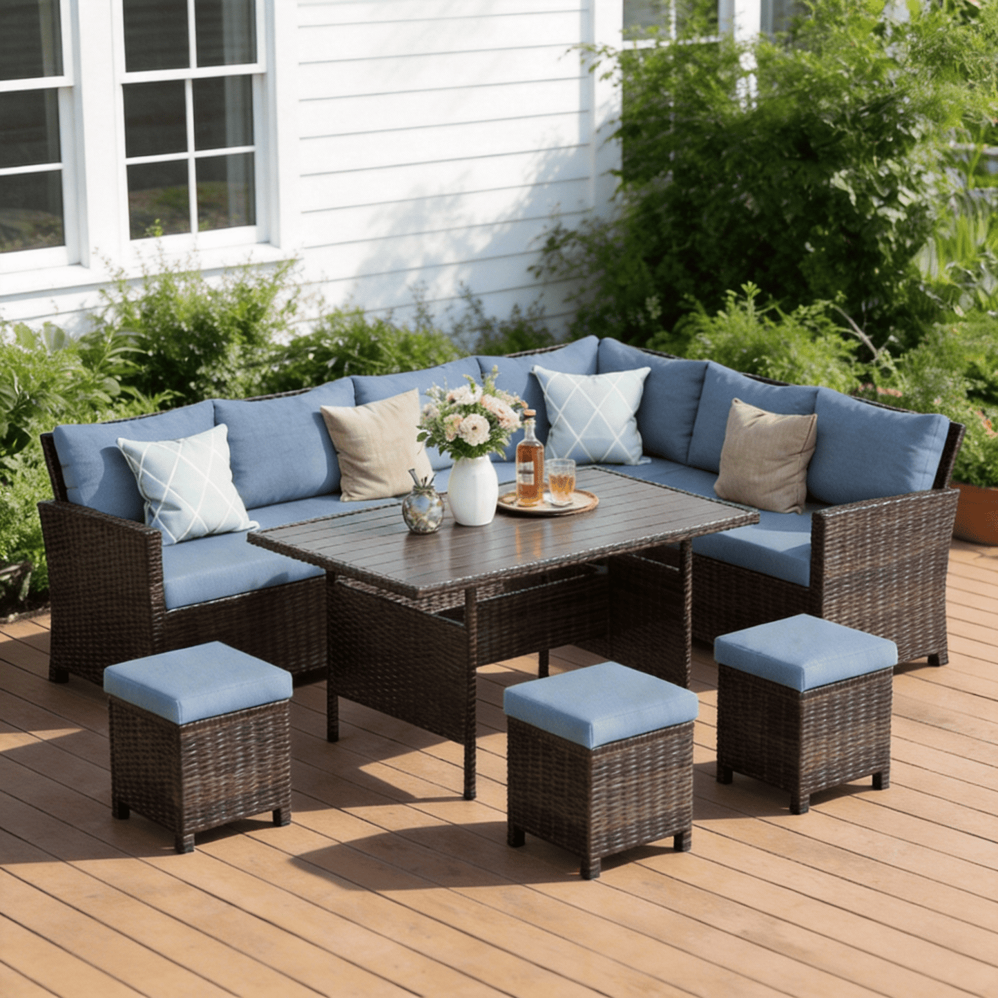 Heynemo Outdoor Patio Furniture Set, 7 Piece Outdoor Dining Sectional Sofa with Dining Table and Chair, All Weather Wicker Conversation Set with Ottoman, Blue