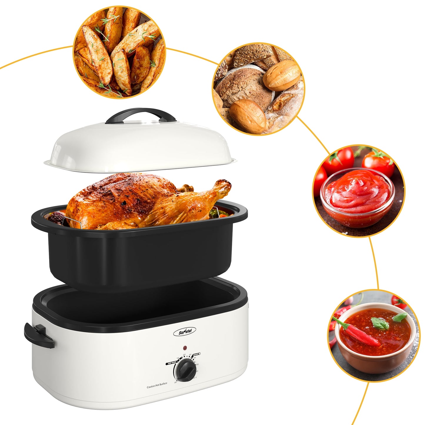Sunvivi 18QT Roasting Oven with Self-Basting Lid Removable Pan, 150 to 450F Temperature Control Cool-Touch Handles,White