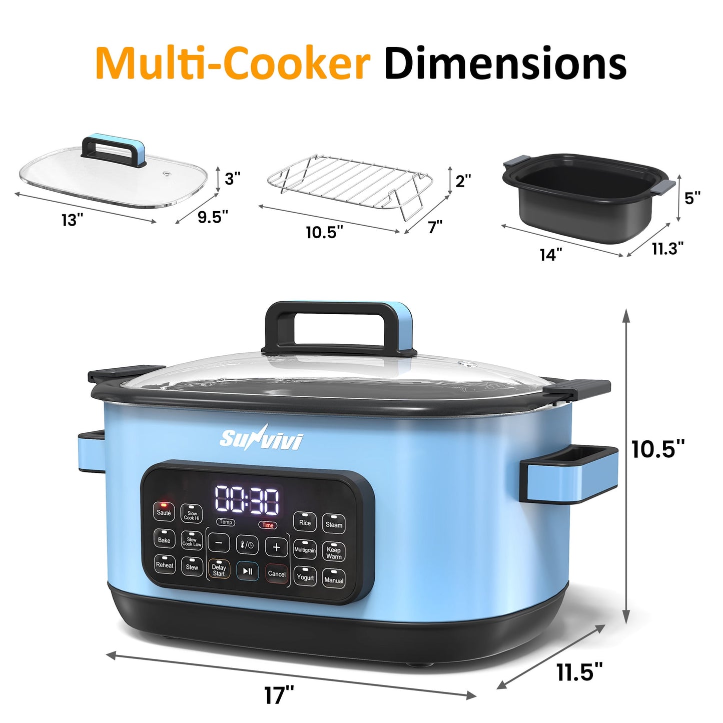Heynemo 6.5QT Digital Multi Cooker, 12-in-1 Slow Cooker & Roaster with Timer, Temp Control, Delay Start, Nonstick Pot, Blue
