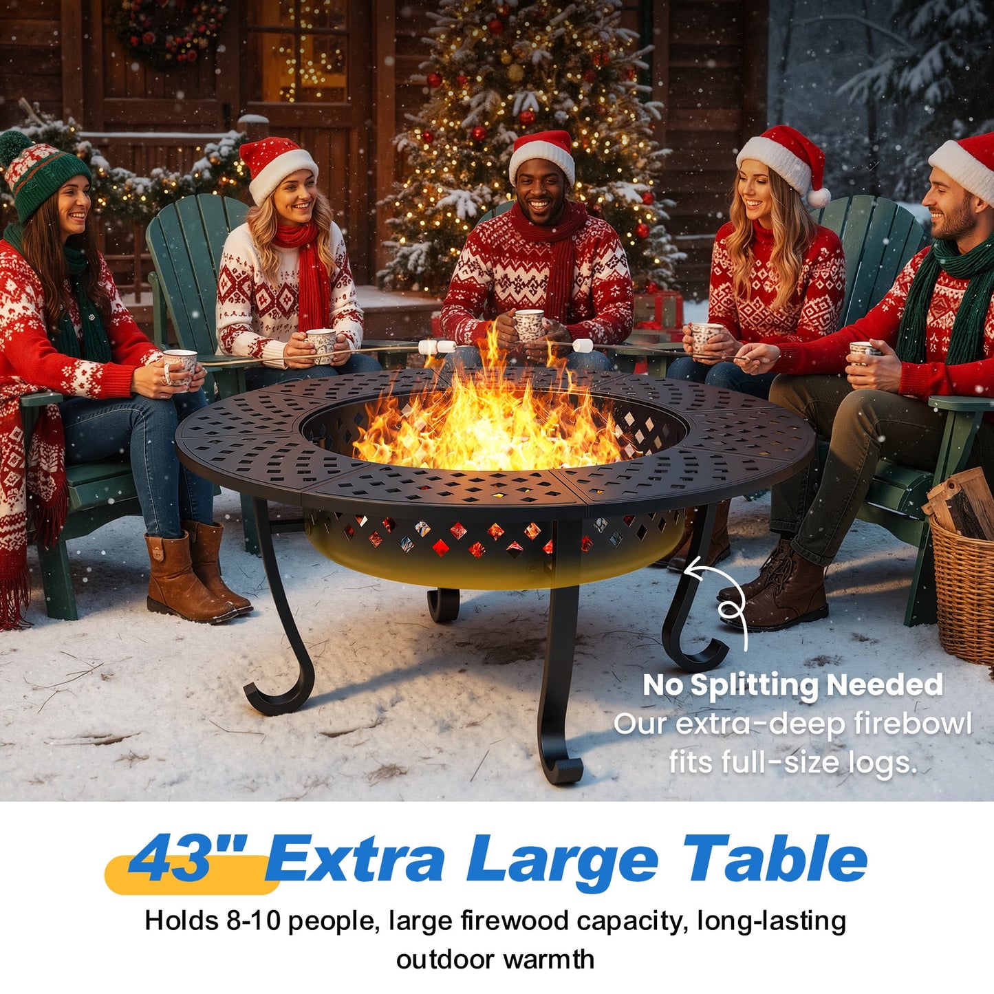 Heynemo 3 in 1 Outdoor Fire Pit for BBQs, Bonfire, Picnic, Wood Burning Fireplace with 2 Grill, Lid, and Fire Poker, 43'' Metal Round Table for Patio, Garden, Backyard