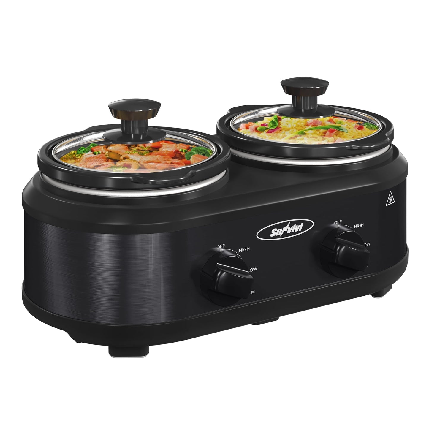 Sunvivi Small Double Slow Cooker, 2 Pot 1.25 Quart Oval Crock Food Warmer Buffet Server, Stainless Steel, Black