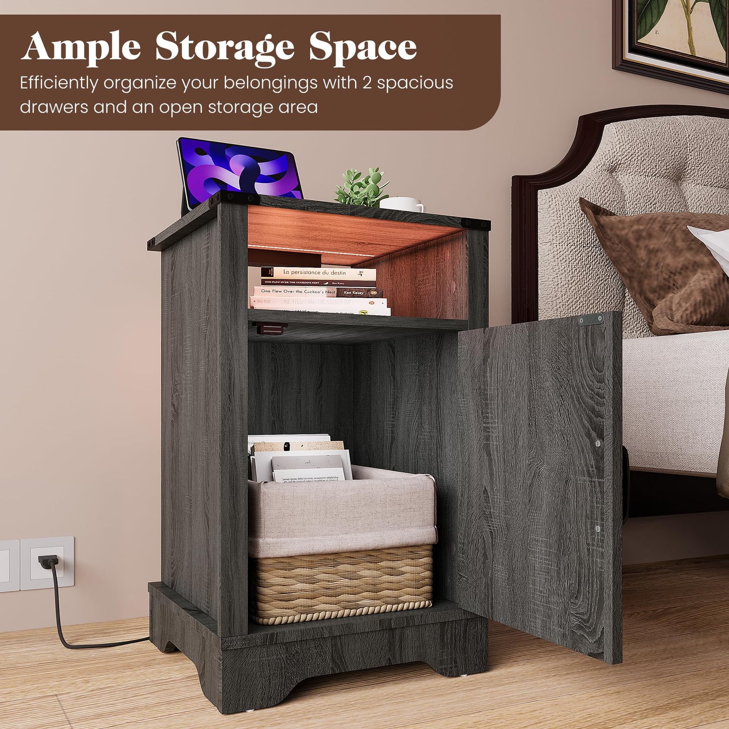 Mayincolor LED Nightstand with Charging Station, Farmhouse Wooden Side Table, Bedside Table with Storage Cabinet and Shelf, Rustic End Table for Bedroom, Living Room, Dark Gray