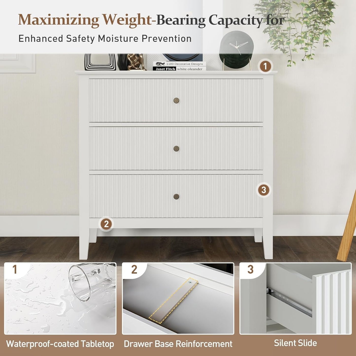 RoyalCraft Large White 3 Drawer Dresser Set of 2 with Fluted Panel, Modern Chest of Drawers with Silent Slide Drawers, Wood Accent Nightstand with Storage for Bedroom Living Room, Nursery, Hallway