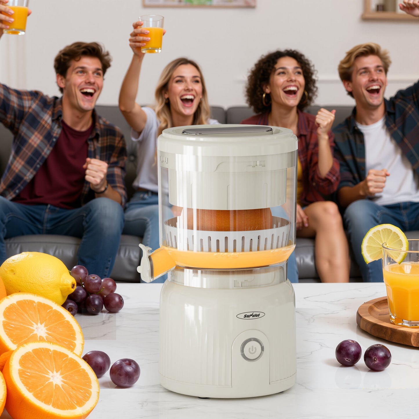 Sunvivi Citrus Juicer Electric, 90W Automatic Orange and Lemon Squeezer, Fast 15,000 RPM Fruit Juicer, Compact Design, Easy to Clean with Cleaning Brush, Beige