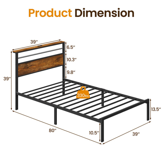 Heynemo Twin Size Bed Frame, Vintage Industrial Platform Bed with Storage, Wooden Headboard, and Heavy Duty Strong Support Slats, Easy Assembly, No Box Spring Needed