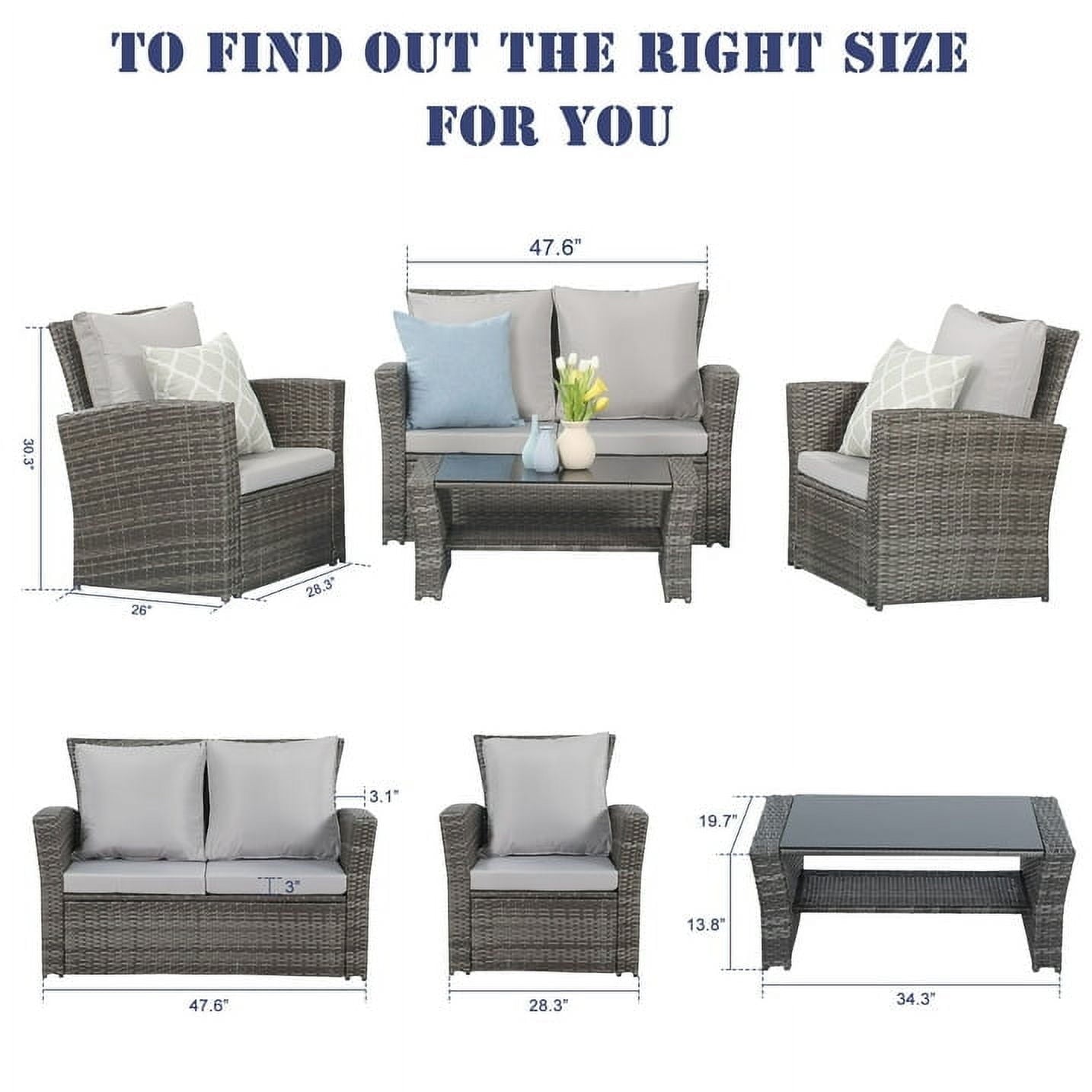 Superjoe 4 Pcs Outdoor Patio Furniture Sets,Wicker Conversation Set Rattan Sofa with Coffee Table and Cushions, Gray