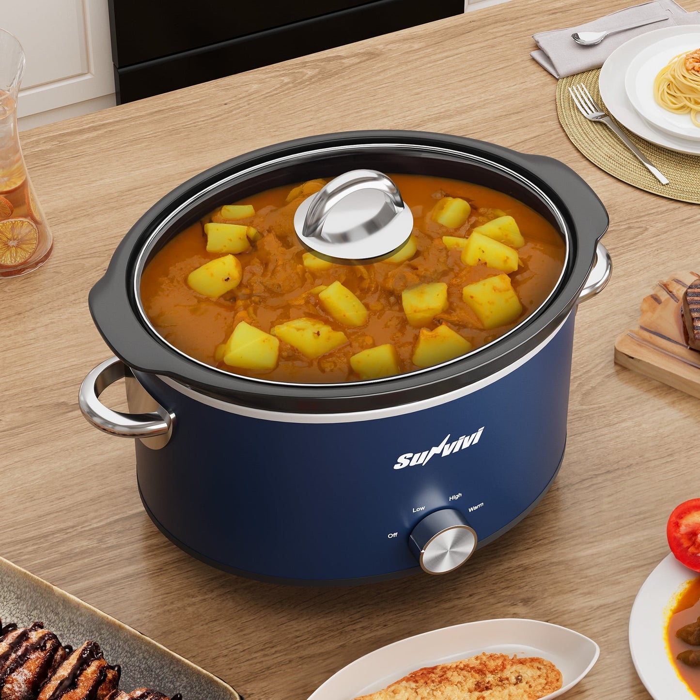 Heynemo 4QT Compact Ceramic Slow Cooker & Food Warmer with 3 Temperature Settings - Blue