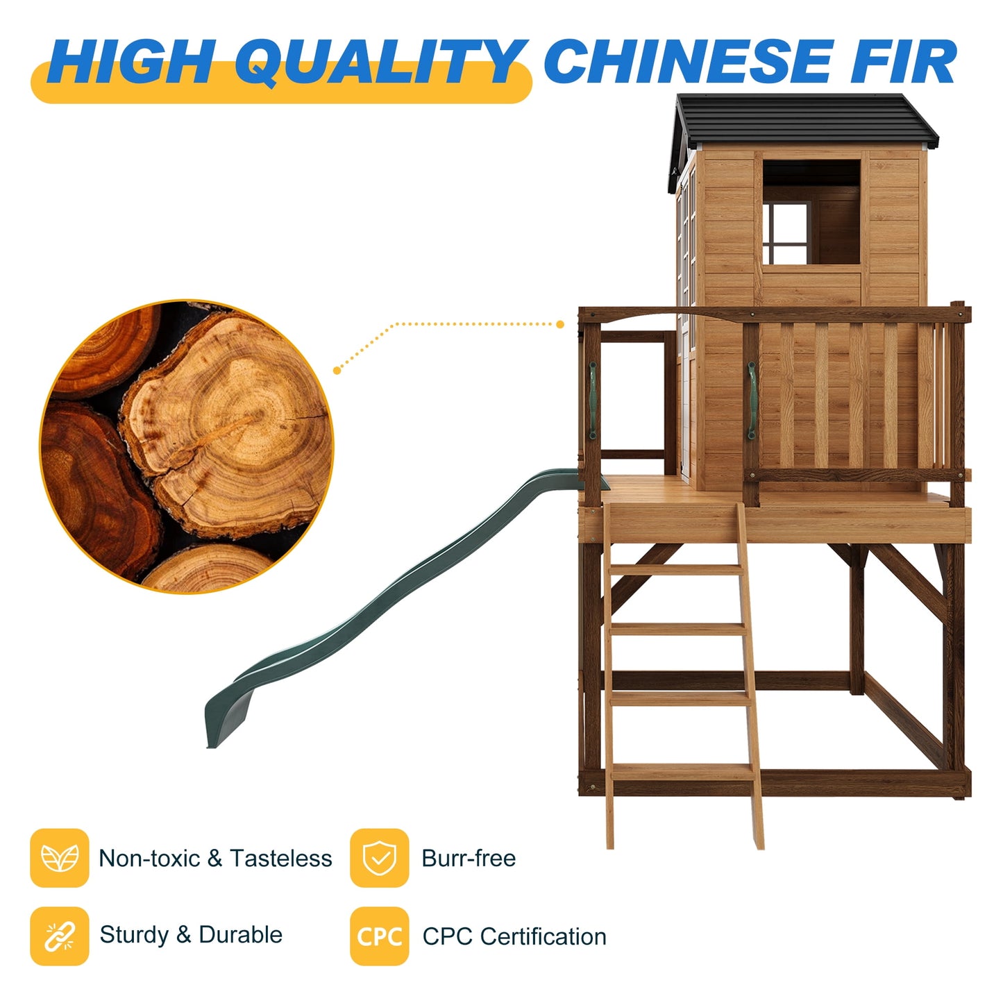 May in Color 9-in-1 Multifunctional Wooden Playhouse with Slide, Sandbox, and Kitchen - A Durable Backyard Adventure Playset for Kids Ages 3-10