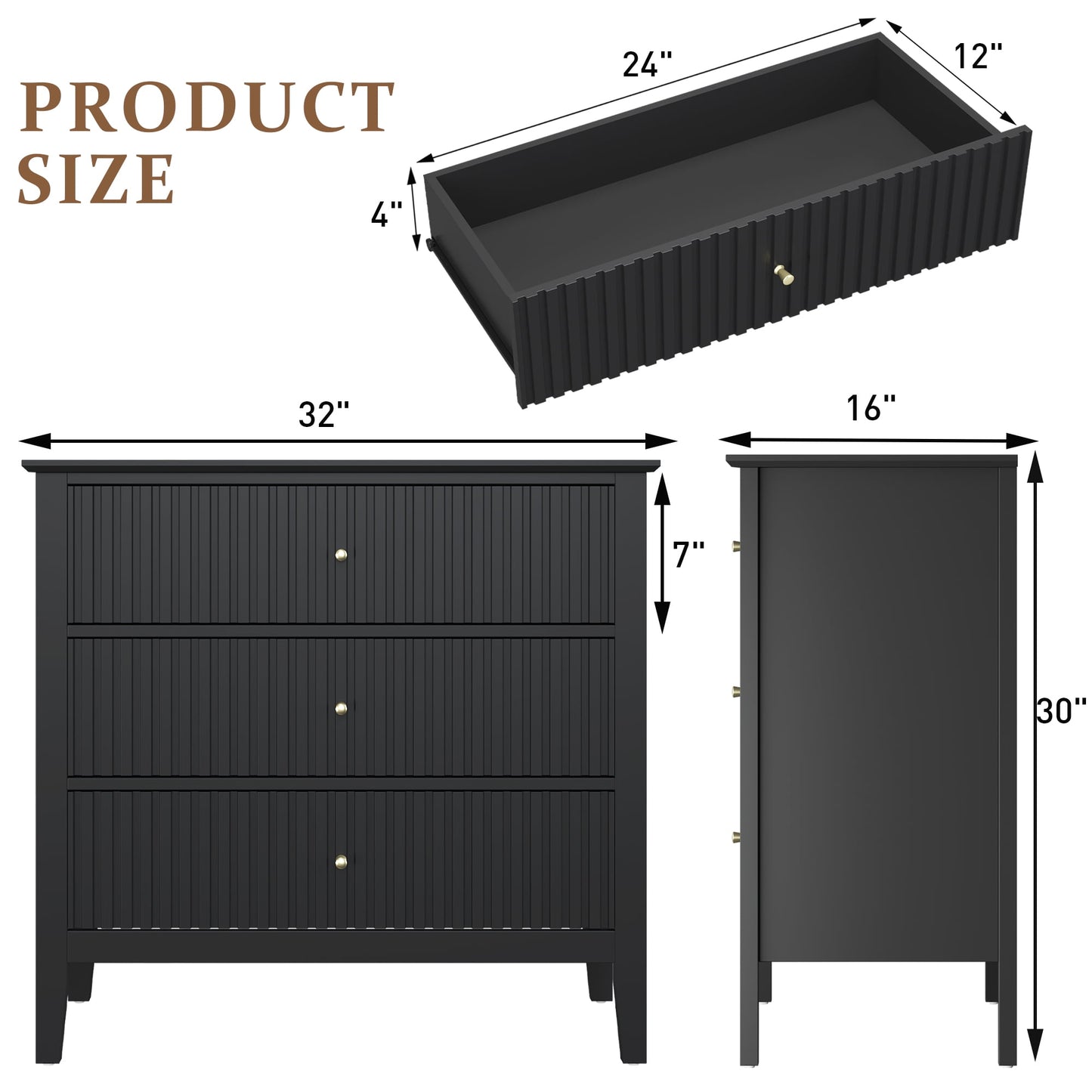 Mayincolor 3-Drawer Fluted Dresser Set of 2, Modern Wood Storage for Bedroom or Living Room, Black