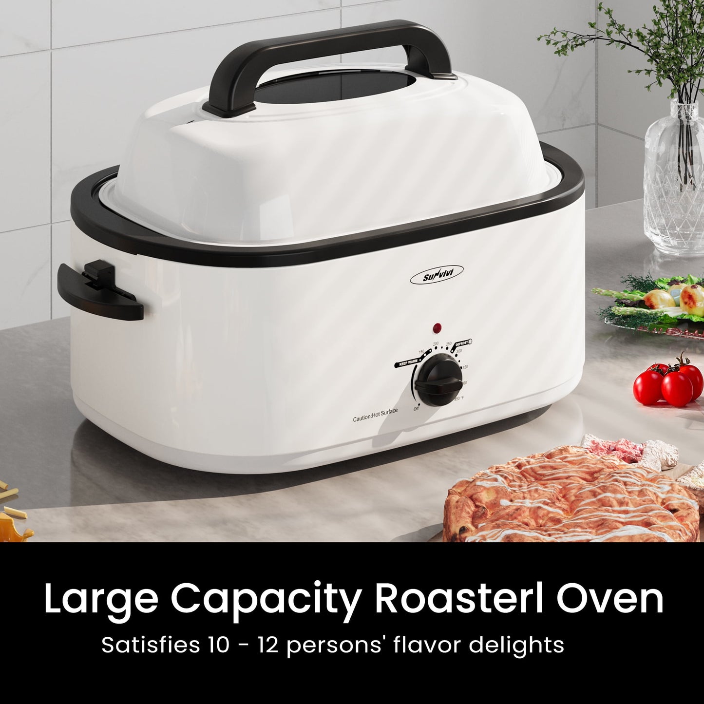 RoyalCraft 24 Quart Electric Roaster Oven Turkey Roaster with Lid Electric Roasters with Removable Pan Large Roaster,Visible & Self-basting Lid, Fast Heating & Thaw/warming Setting, White