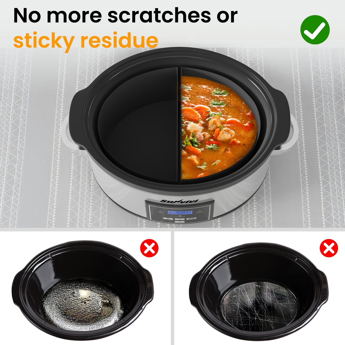 Heynemo 6 Qt Programmable Slow Cooker with 2-in-1 Silicone Liners and Digital Timer - Silver