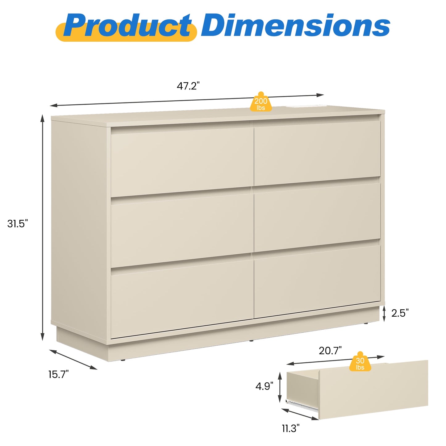 May in Color 6 Drawer Dresser with Charging Station for Bedroom, Beige