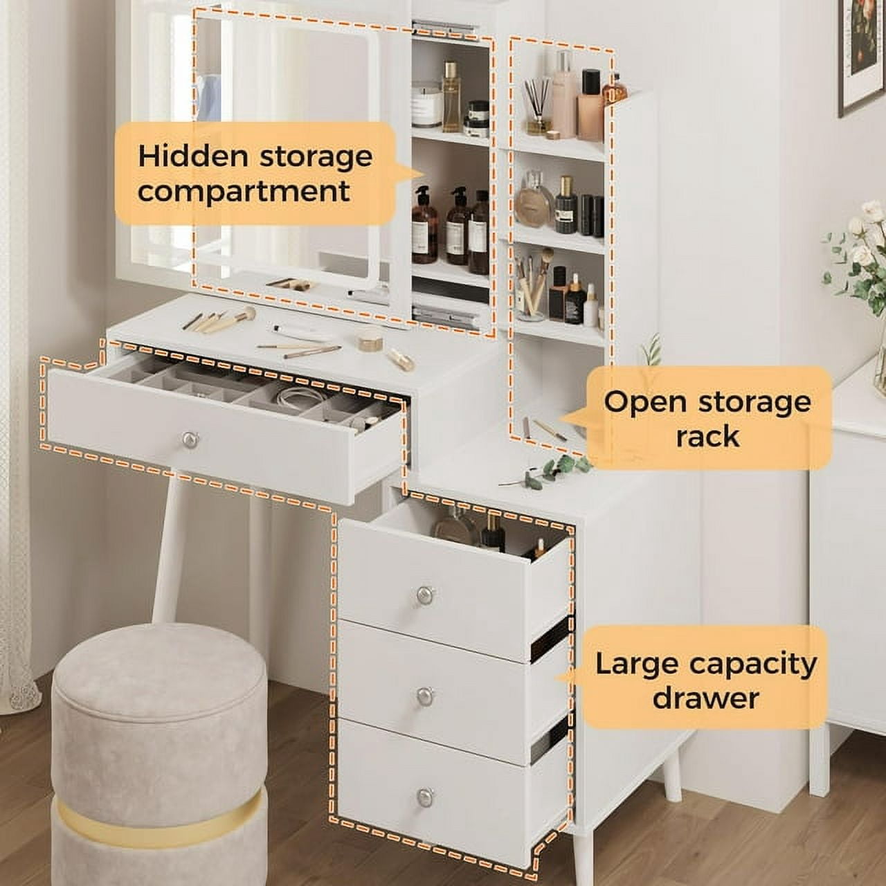 Heynemo Vanity with Mirror and Lights, Makeup Table with 3 Color Touch Light, Vanity Desk with Drawers & Hidden Shelves for Bedroom, White (Stool Not Included)