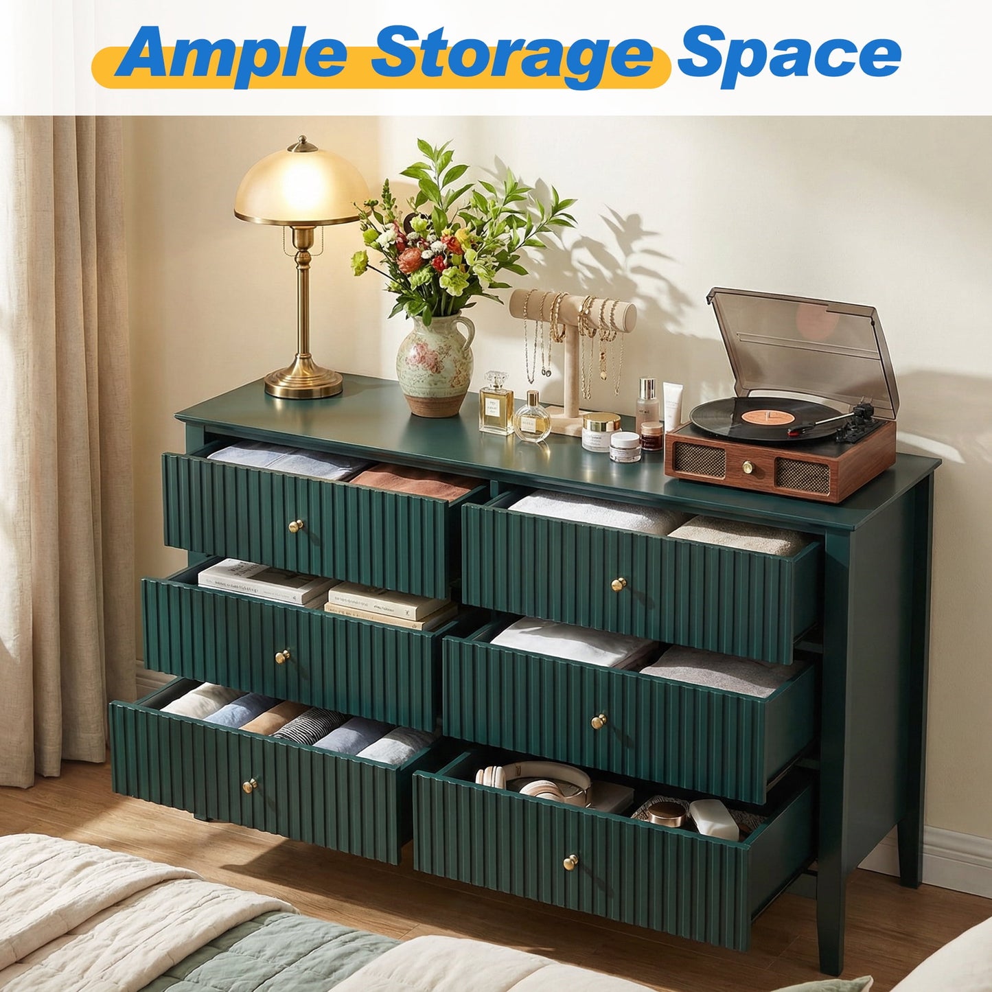 May in Color Fluted 6 Drawer Dresser, Wide Modern Chest of Drawers, Large Wood Storage Cabinet Organizer for Bedroom, Living Room, Hallway, Entryway, Green